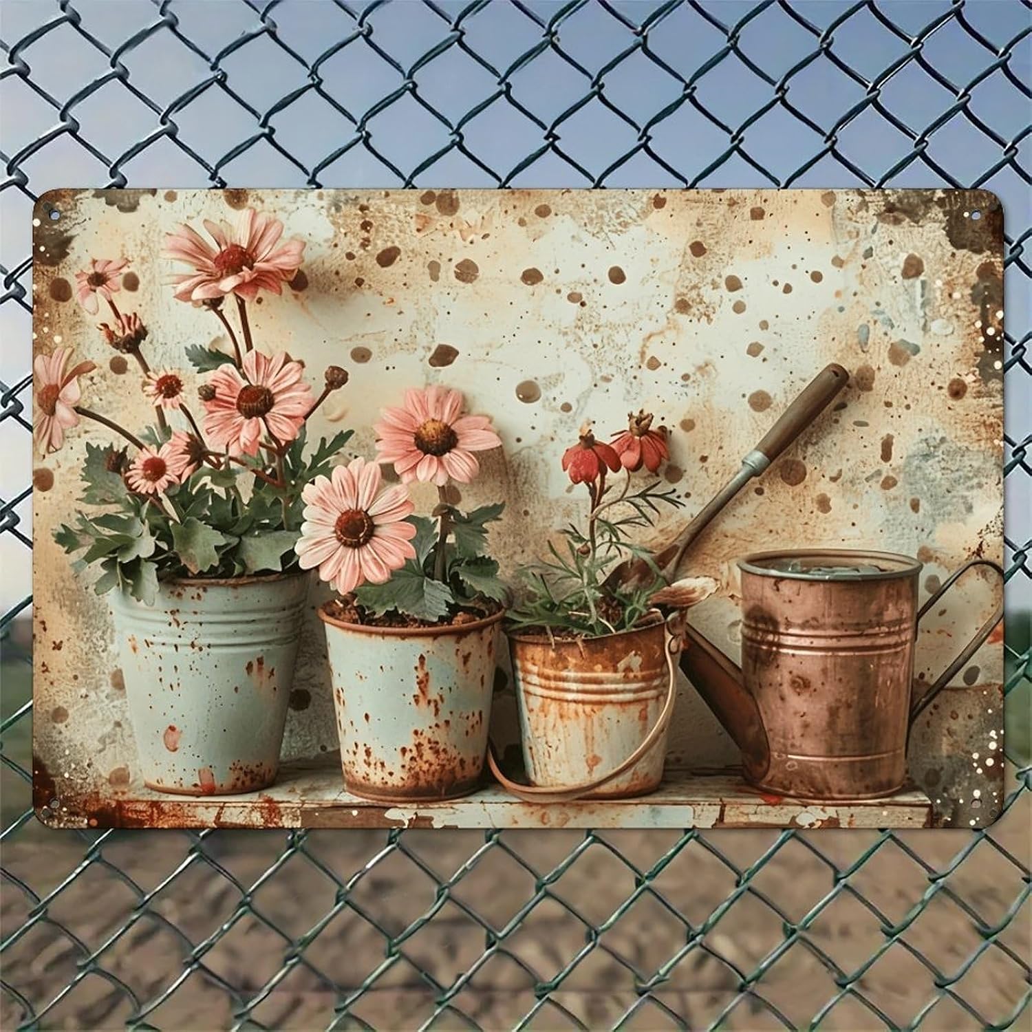 Watering Can - Zardzewiałe wiadra z różowymi kwiatami i